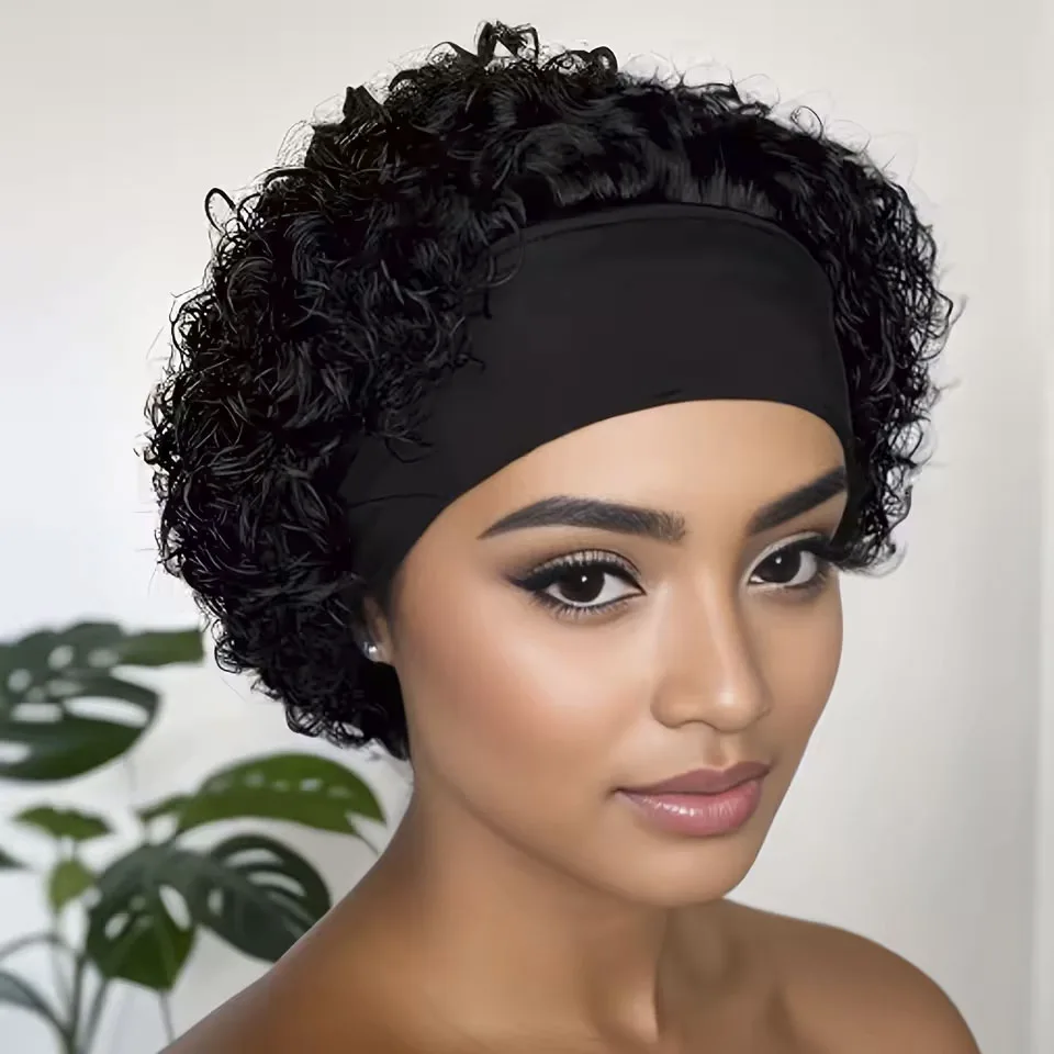 

Kinky Curly Headband Wigs Wear And Go Glueless Human Hair Wig Brazilian Full Machine Made Black Short Curly Bob Wigs For Women