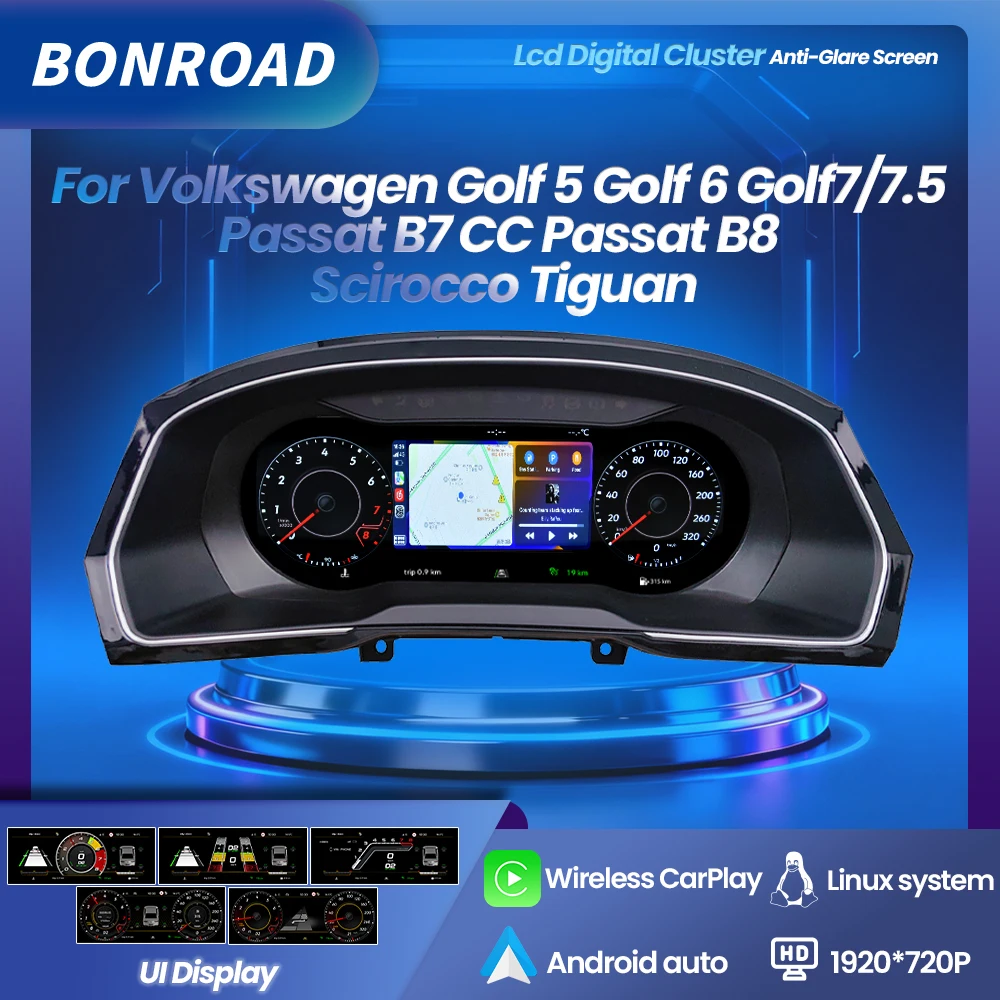 BONROAD Linux1920*720PLcd Panneau d'instrument numérique sans fil CarPlay Android Auto pour Volkswagen Golf 5 Golf 6 Golf 7/7.5 Passat B7 CC Passat B8 Scirocco Tiguan Compteur de vitesse Tableau de