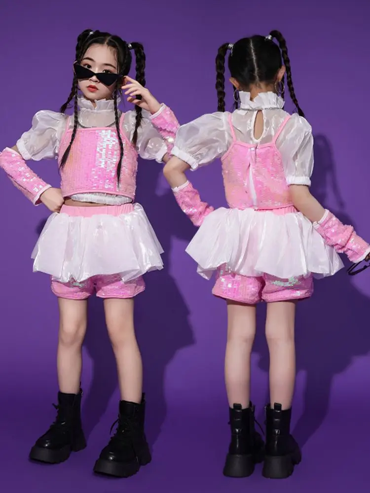 Girls Pink Sequin Jazz Dance Costume Kpop Outfits Cheerleading Performance Clothes Kids Hip Hop Catwalk Stage Clothing