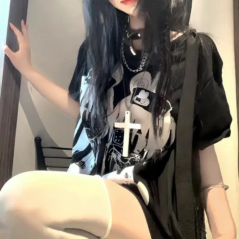 Cool Cute Subculture Round Neck T Shirt Y2k Women Clothing Arcane Short Sleeve Black Tops 2000s Harajuku Punk Japanese Tees Tops