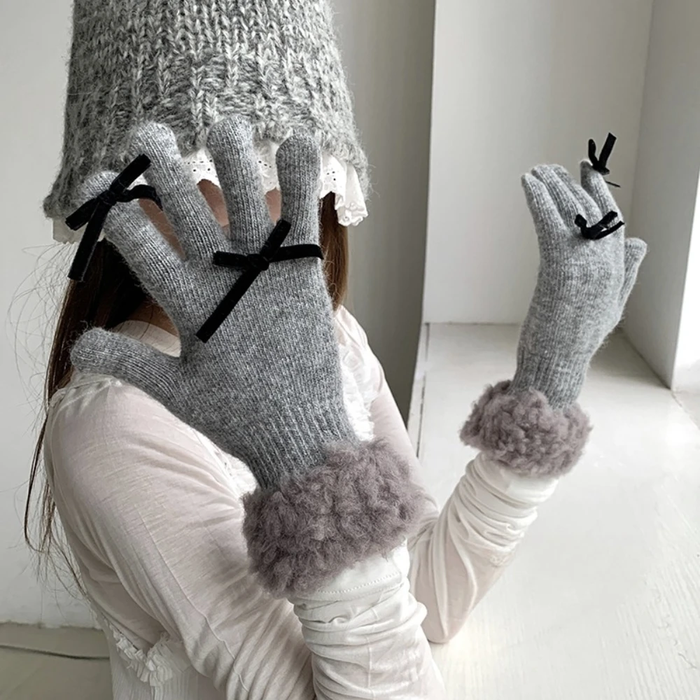 

Мягкие вязаные перчатки с бантом и сенсорным экраном ярких цветов, однотонные женские зимние перчатки с бантом, ветрозащитные теплые перчатки для верховой езды, студенческие