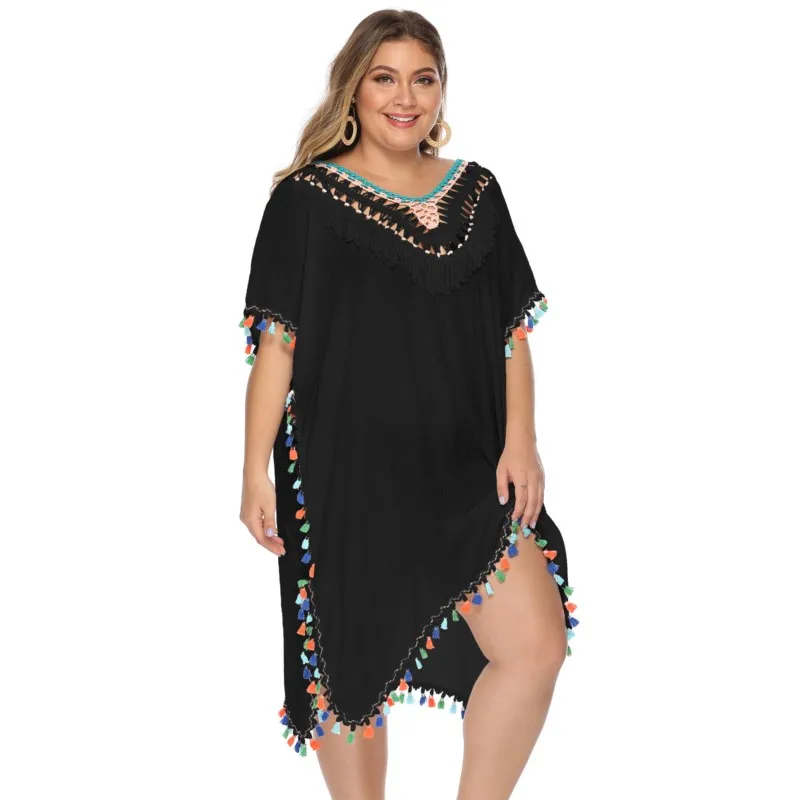 Large size women's color tassel hand hook splicing hollow sexy back loose beach smock dress women