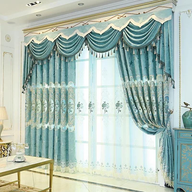 

Thickened Chenille Jacquard Embroidered Hollow Luxury Blue Semi-blackout Window Curtains for Living Dining Room Bedroom Home