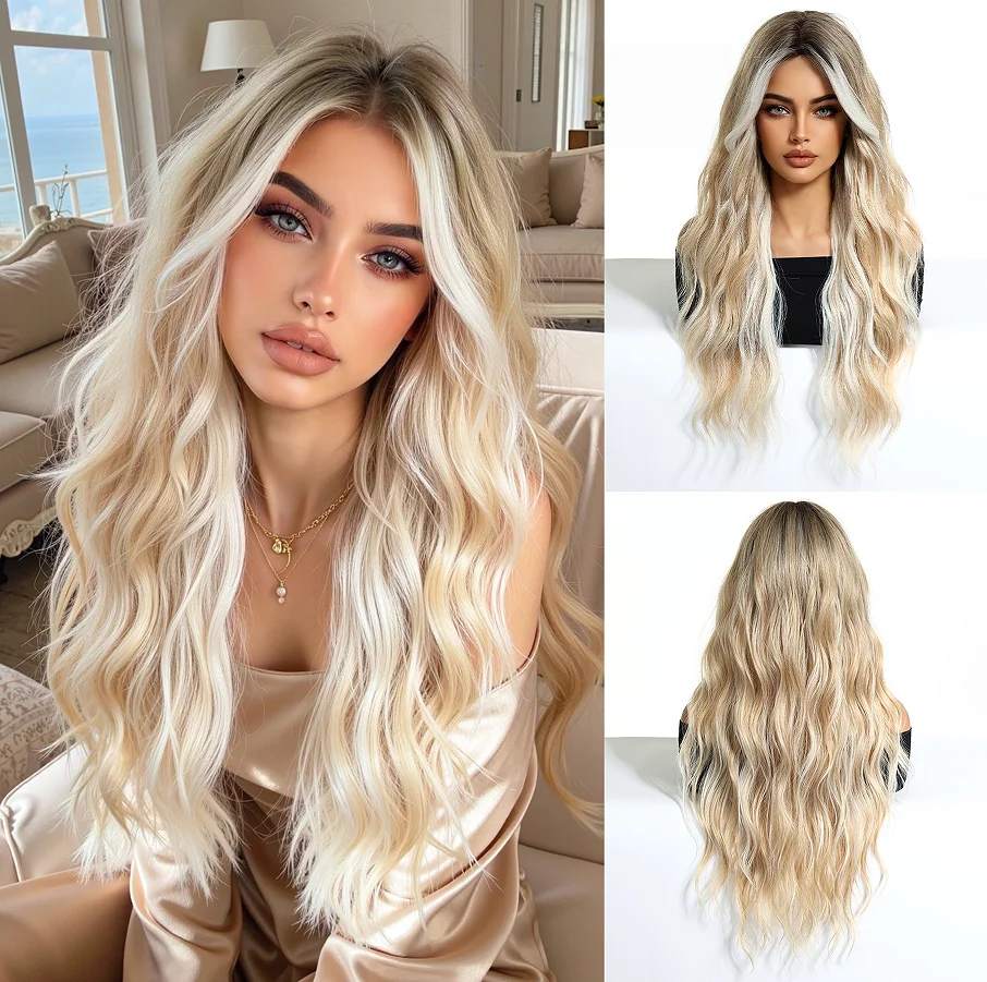 Halloween TopsShe 26 Inch Long Wavy Synthetic Wig Platinum Blonde with Dark Root, Heat Resistant Natural Looking Ombre Blonde Wigs for Women Cosplay Costume Party Daily Wear, Full Flowing Soft Wave Hair Styling Glamour Fashion Hairpiece Top Quality