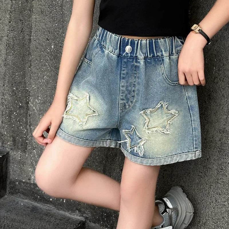 Hot Sale Tween Girls Star Pattern Denim Shorts with Pockets Kids Teenager High Waistband Mini Jeans Pants 5 6 7 8 9 10 12 13 14