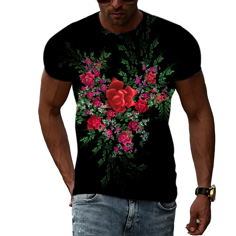 Colorful Summer Romantic Flower Language Rose 3d Harajuku Printing Personality Fashion Men's T-shirt Loose O-neck Short-sleeved