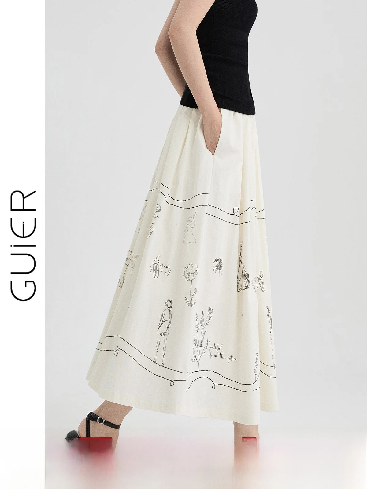 

Юбка женская из чистого хлопка с цветочным принтом, с завышенной талией, повседневная, средней длины, А-силуэт, летняя, новый стиль, универсальная, свободного кроя, на резинке...