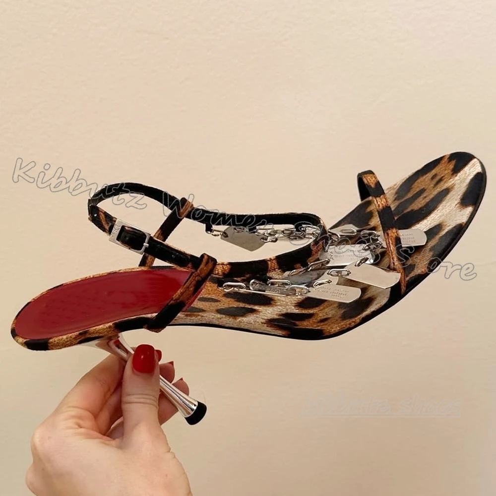 

Leopard Buckle Strap Sandals Metal Decor Leather Round Toe Thin High Heels New Fashion Novelty Luxury Sexy Summer Women Shoes