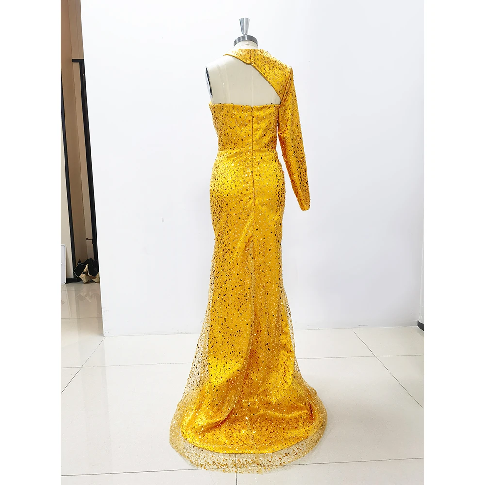 Luxury Yellow Sequined Long Sleeve Evening Dress Sweep Train High Neck Special Occasion Gown Elegant Women Chic Mermaid 2024