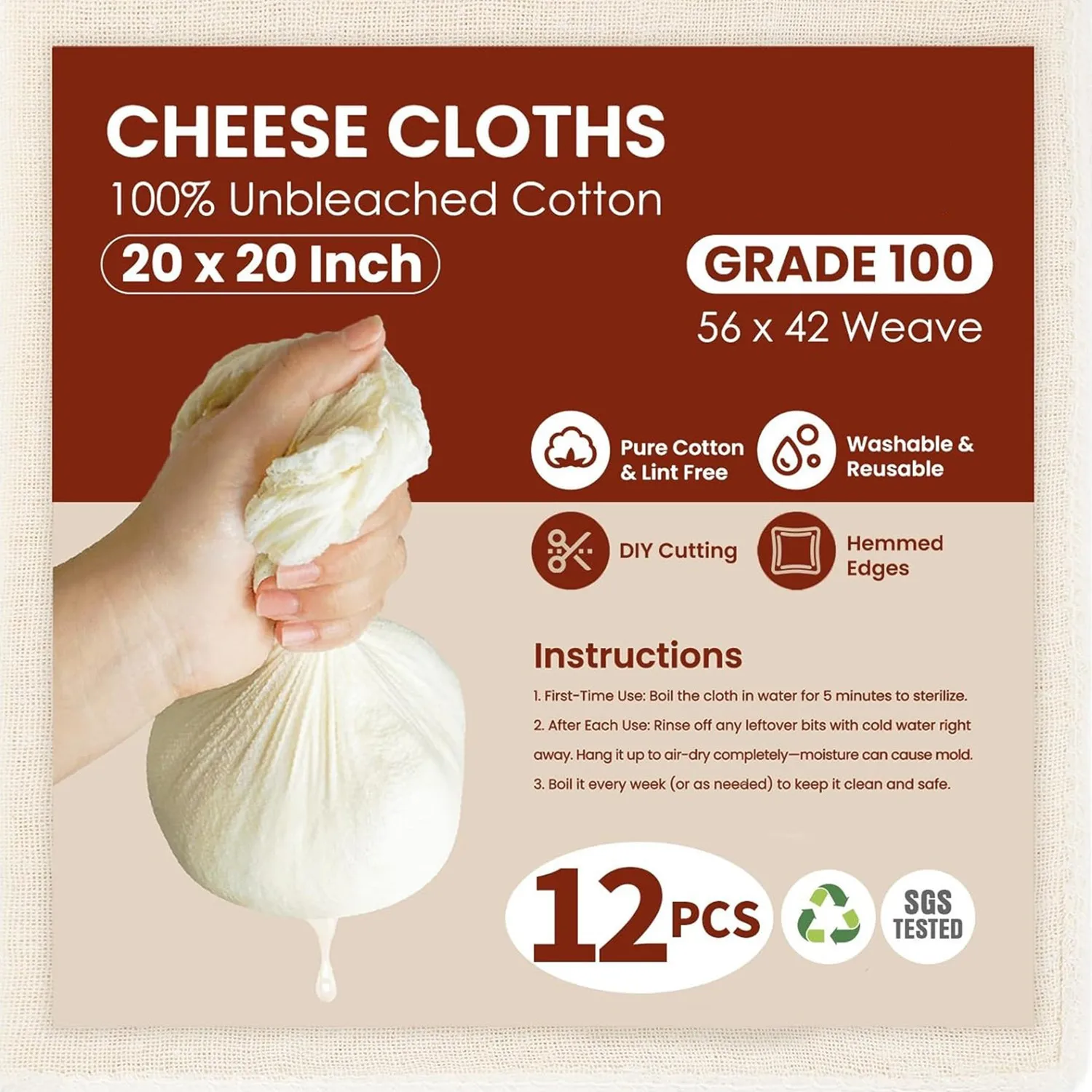 12Pcs Unbleached Cheese Cloths for Straining 20x20Inch Reusable Value Pack