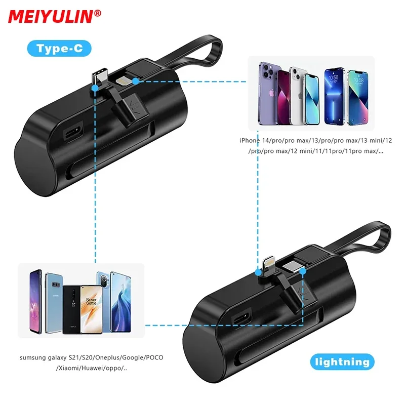 20000mAh Mini Power Bank Built-in USB C Cable Portable External Spare Battery Powerbank Charger For iPhone 14 Samsung Xiaomi