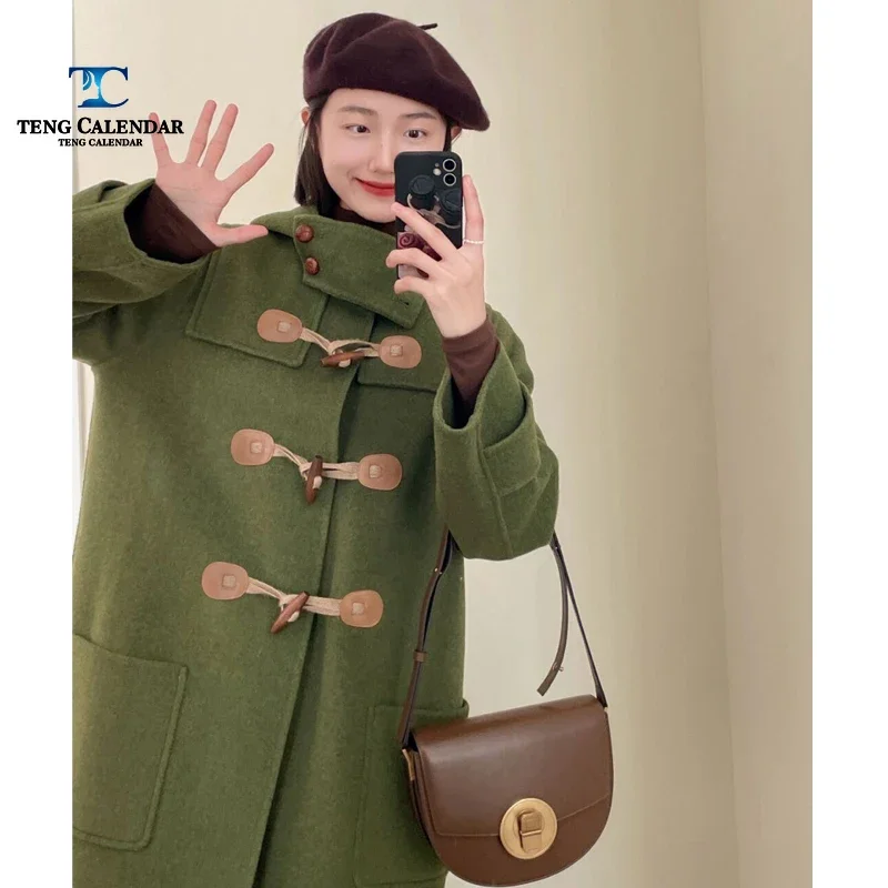 

Hepburn Style Horn Button Coat for Women, Long Hooded Coat, New Women's Clothing, Autumn and Winter