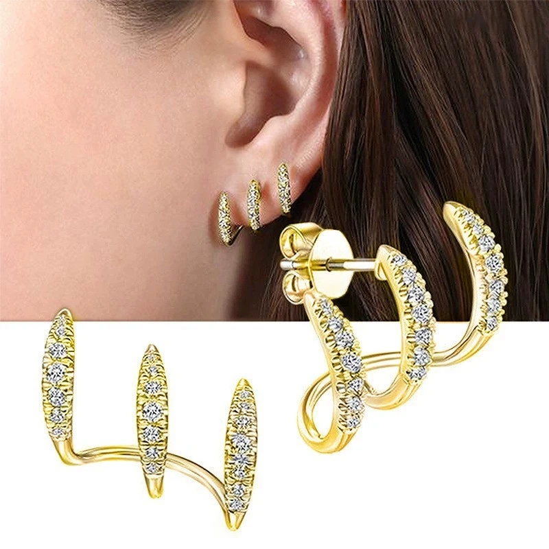Korean Crystal Three-layers Row Arc Stud Earring for Women Temperament Design Trend Simple Cute LOVE Wedding Jewelry Girl Gift