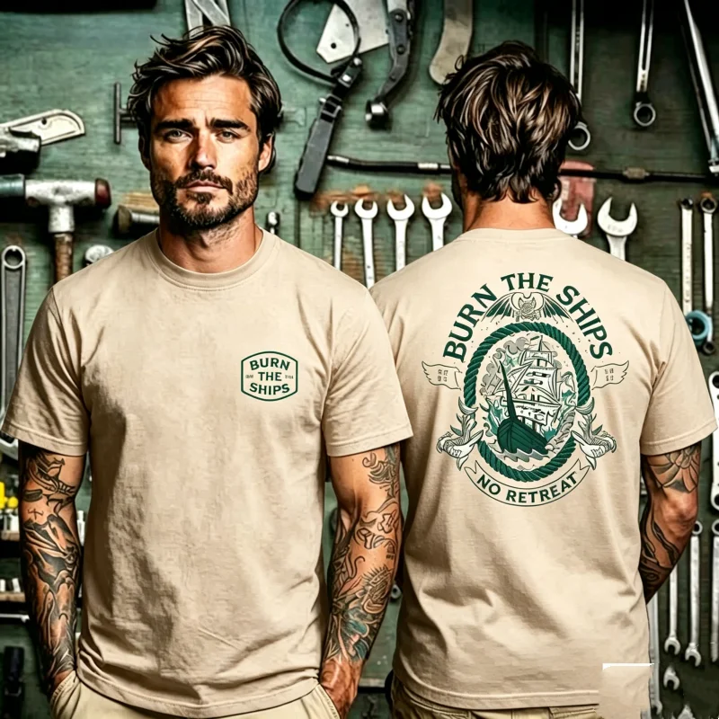 Retro Nautical Trend T Shirt, Small Burn The Ships Hex Badge Front and Burn The Ships Vintage Sailing Ship Totem Art Back Print