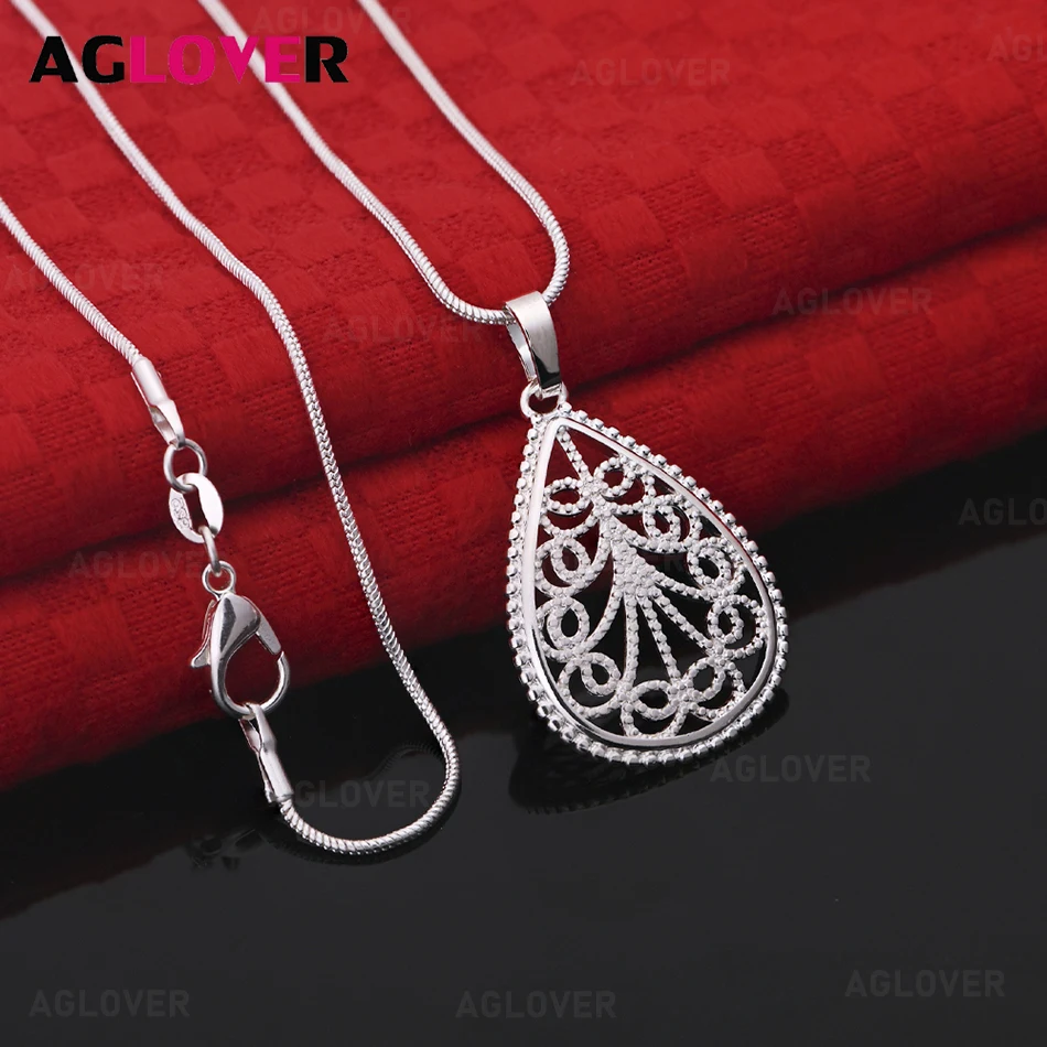 

AGLOVER 925 Sterling Silver Water Drop Engraved Pattern Pendant Necklace Women's Exquisite and Cute Wedding Party Jewelry