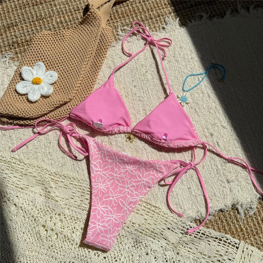 Sexy Zwarte Bloem String Halter Driehoek Bikini Micro String Badpak 2025 Vrouw Roze Badmode Badpak Bikini Sets Biquinis