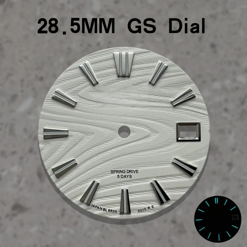 NH35 28.5mm Dial motif pohon cedar dengan logo GS, bercahaya hijau/biru, cocok untuk aksesori modifikasi jam tangan dengan mesin NH35/NH36.