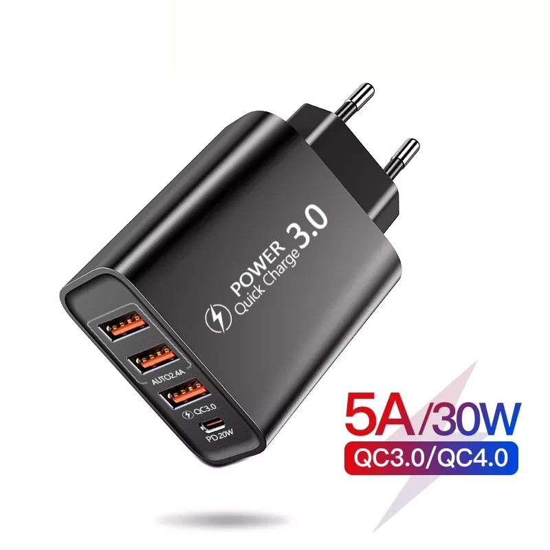 Multi Ports USB C Charger 30W USB Fast Charger QC3.0 PD Charging Adapter For iPhone 17 Xiaomi Huawei Samsung Quick Wall Charger