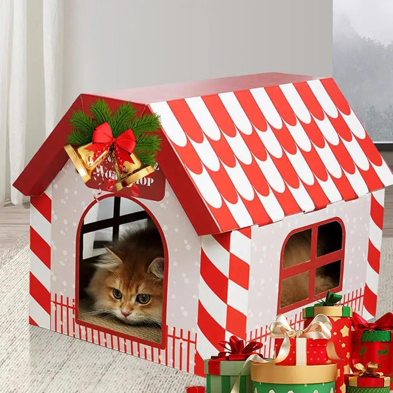 Cardboard Cat House Christmas Theme Animal House With Scratcher Puppy Nest Foldable Sleeping Bed Indoor Outdoor Pet Supplies