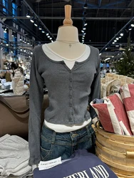 Solid Ribbed Long Sleeve T-shirt Woman Autumn Round Neck Single Breasted Cotton Slim Crop Top Vintage Streetwear Cropped Tee Y2k