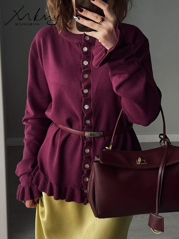 

MiuKoMiYa Burgundy Reffle Knitted Cardigans For Women Spring Long Sleeve Knit Jackets Solid Soft Sweaters Women Loose Cardigan