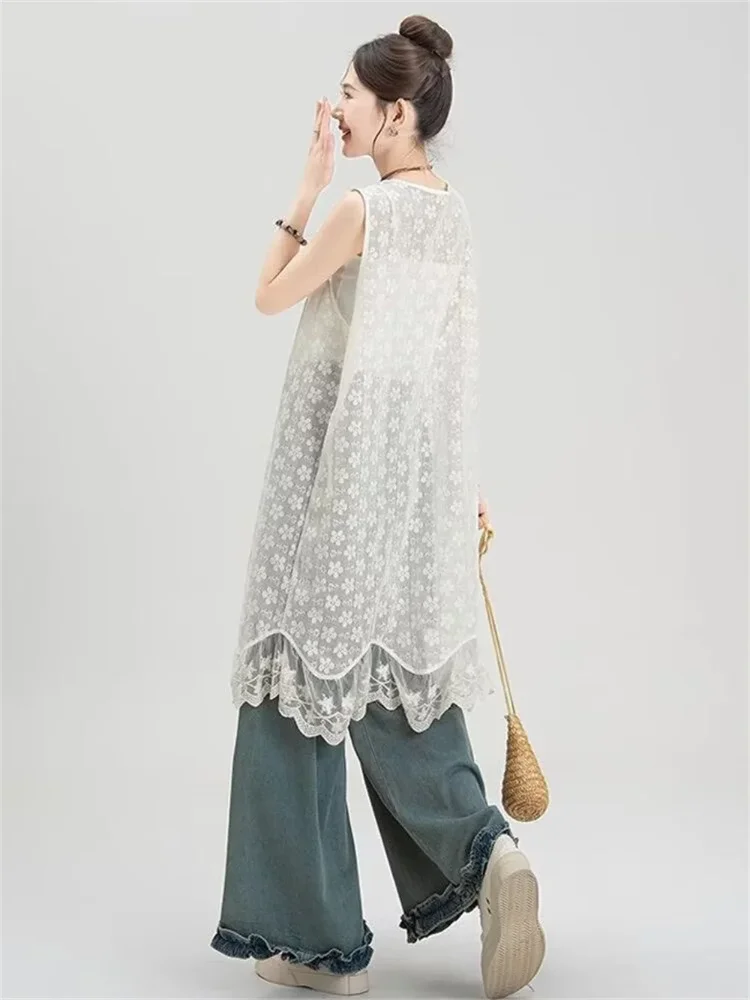 Tie-front Hollow Out Transparent Beige Lace Dress Lace-up See-through Embroidery Fashion Style Cover Ups Cardigan Summer