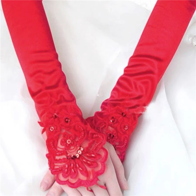 Guantes de dedo de gancho de bordado de encaje Sexy de satén de 43cm de largo para mujer, fiesta Retro, conducción de etiqueta, Cosplay, cena, baile, mitones