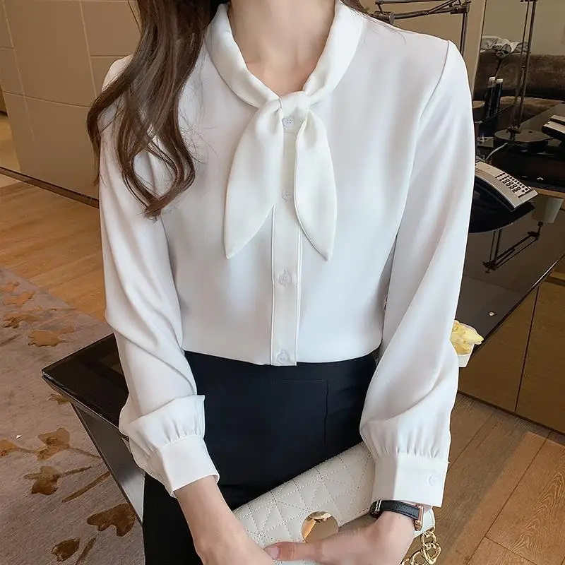 Fashion Bow Collar Long Sleeve Shirts Women Solid Ins Vintage Classic Formal Business Chiffon Workwear Mujer Blusas New Arrival