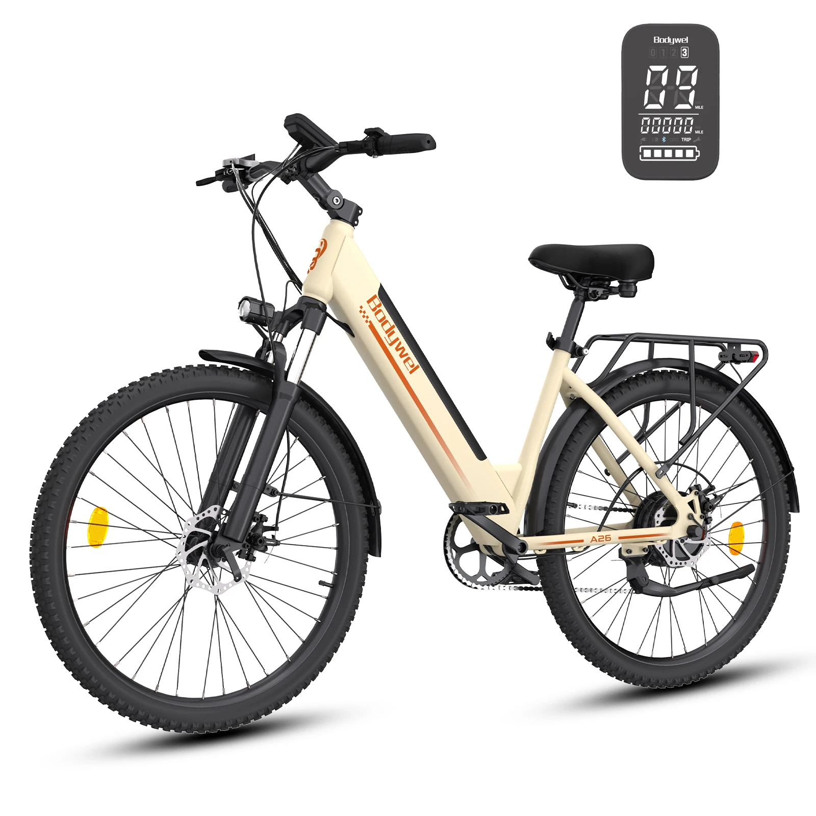 Bodywel A26 elektrische fiets voor volwassenen, 36V 13Ah uitneembare accu, 26 inch stadsfiets, 4,5 inch LCD display, EU voorraad elektrische fiets