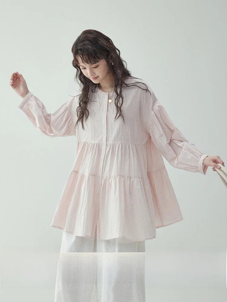 

AMUU Original Sweet Pink round Neck Midi Shirt Women's Loose Pleated Top Cotton Linen Blend Long Sleeve Button Front