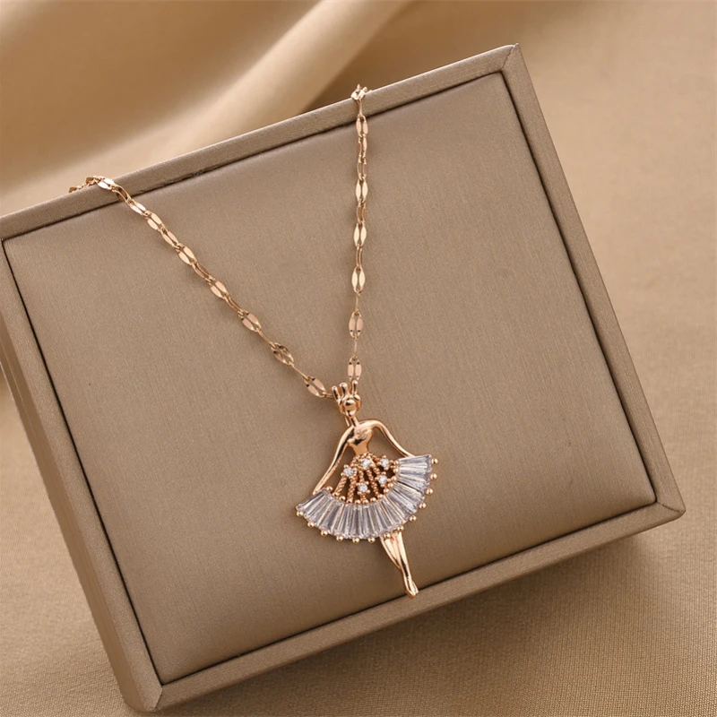 Trendy Top Grade Zircon Ballet Girl Pendant Necklace for Women Fashion Stainless Steel Chain Female Jewelry Girls Gift Wholesale