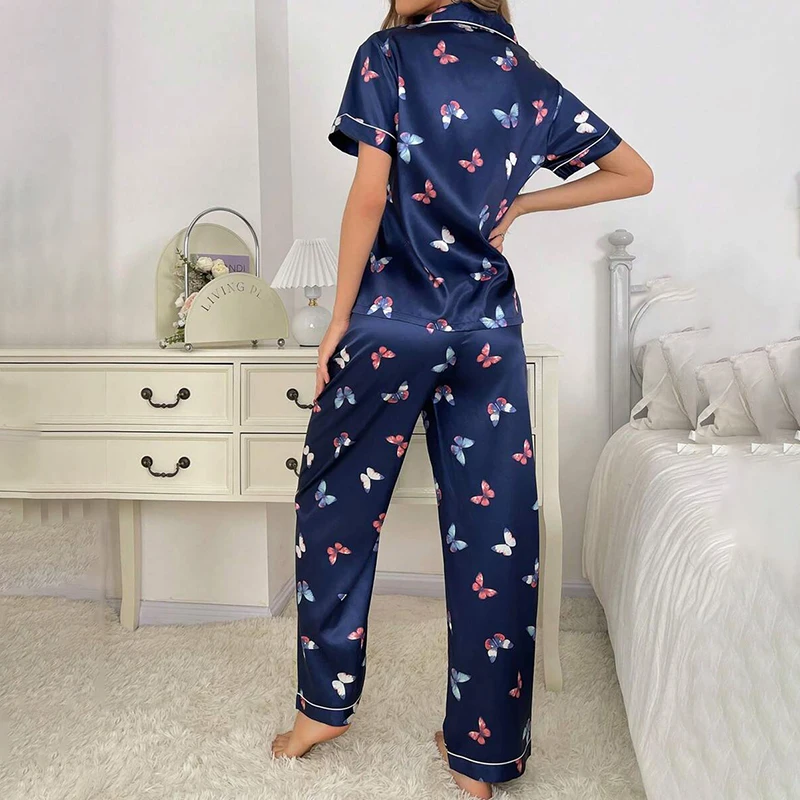 Women\'s Satin Butterfly Print Relaxed Fit Pajama Set Soft and Comfortable Short Sleeve Lapel Top and Pants Sleepwear Loungewear