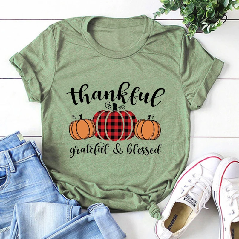 Thankful Grateful Blessed Shirt Pumpkin Tee Thanksgiving Tshirt Thanksgiving Family Shirt Letter Kawaii Clothes Vintage M