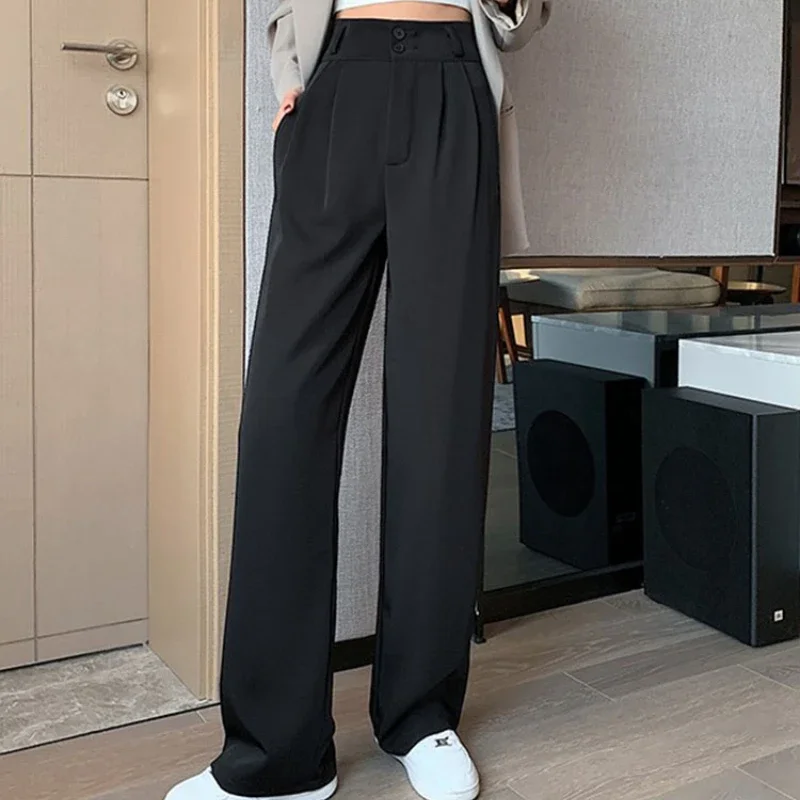 DAYIFUN Black Suit Pants for Women 2 Buttons Wide Leg Trousers Vintage Streetwear High Fashion Ulzzang Work Bottoms