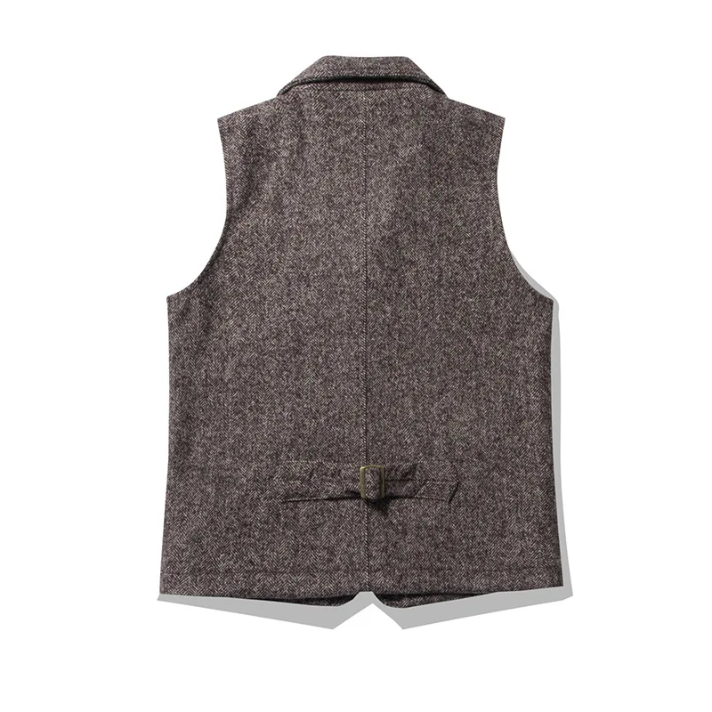 OKONKWO retro British style coarse flower wool vest thick double-layer multi-pocket suit collar vest Ami Khaki