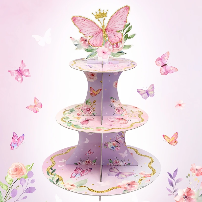 1 Set 3 Tiers Butterfly Cupcake Cake Stand Wedding Birthday Party Decorations, Cardboard Cupcake Holder Cupcake Tower for Party