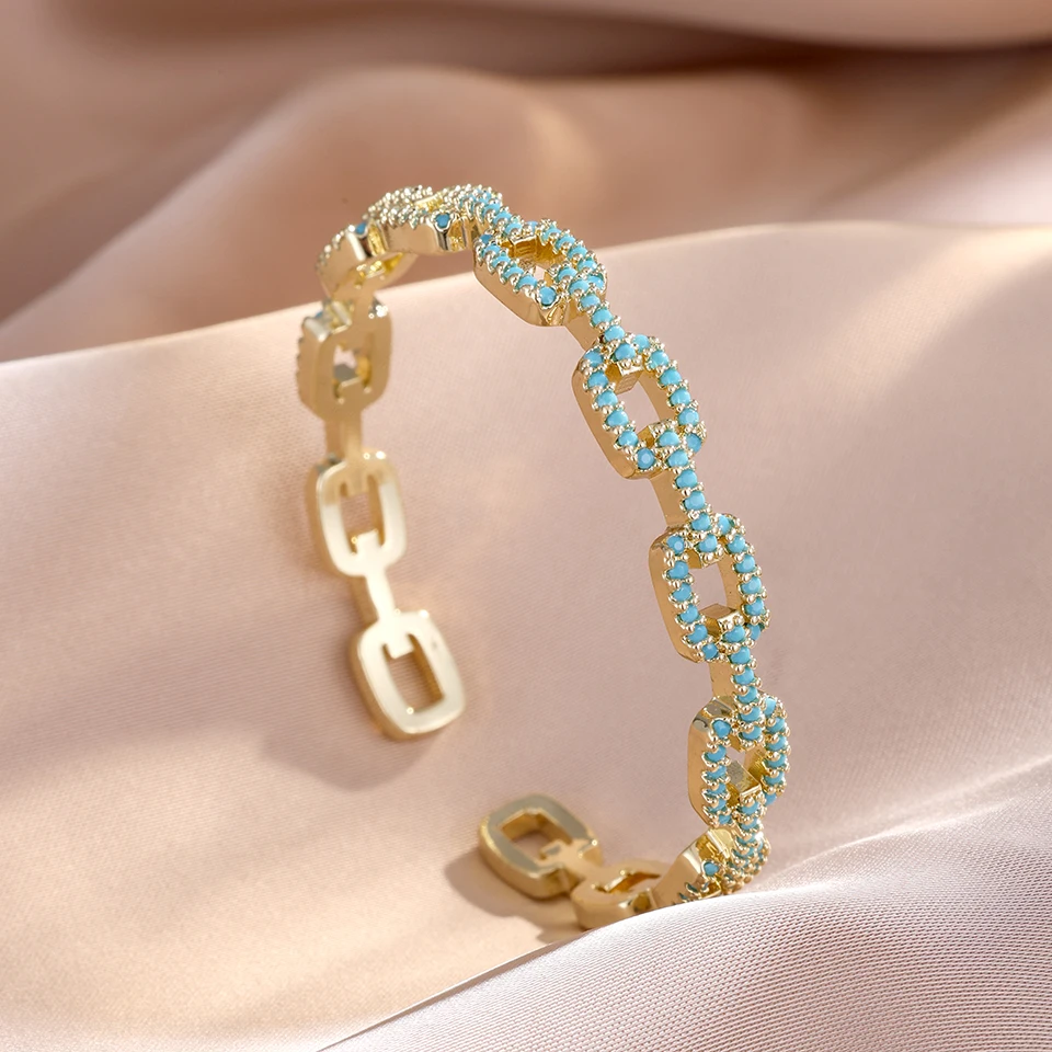 

Hollow Square Cuff Bracelet Micro Pave AAA Zirconia Turquoise Crystal Luxury Open Bangle For Women Wedding Party Jewelry