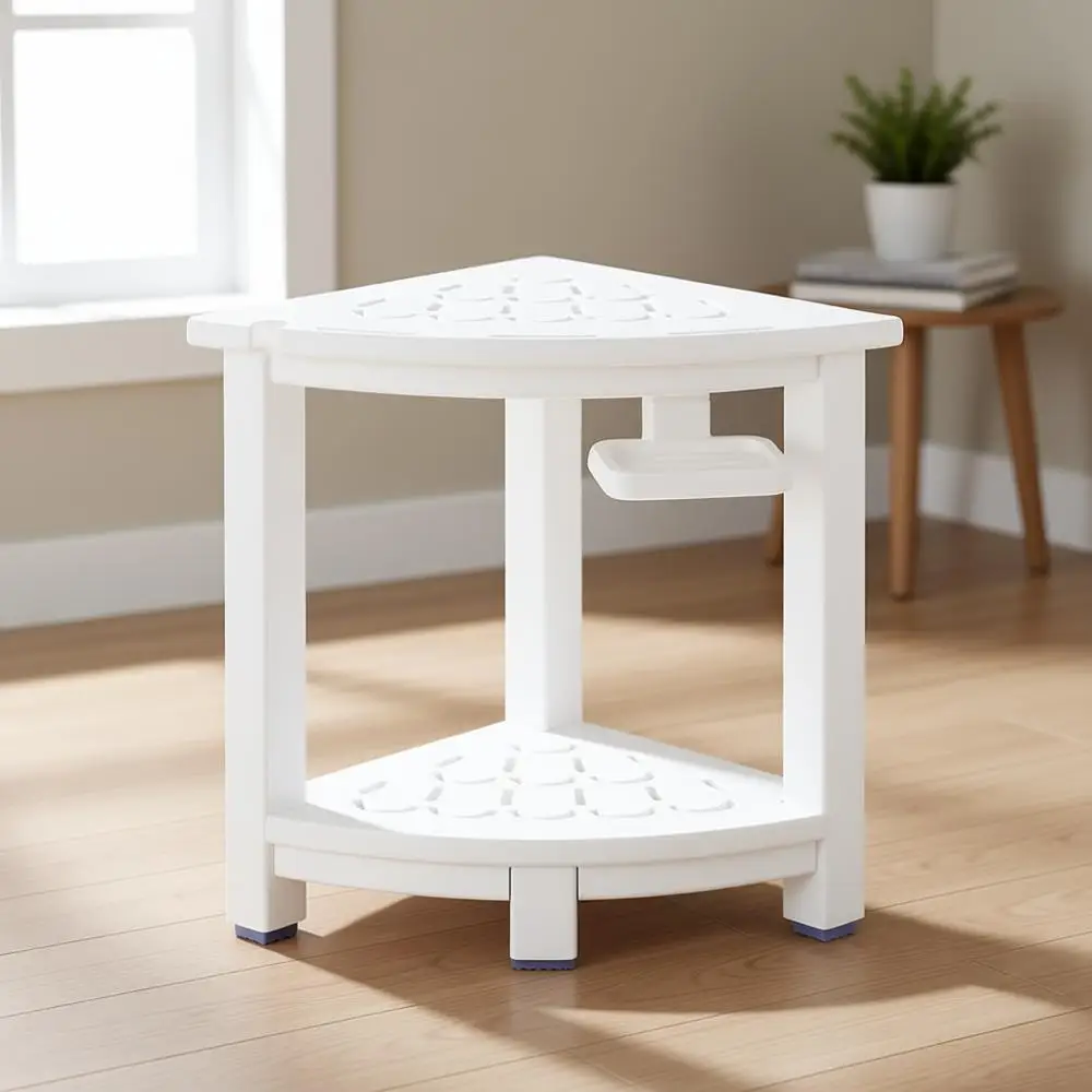 

White Non-Slip Shower Stool with Storage Shelf, Soap Box, and Leg Rest