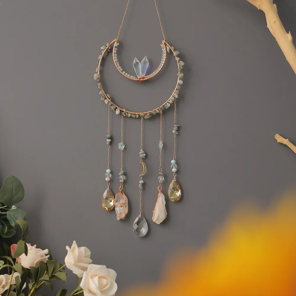 Natural Crystal Chips Moon Tree of Life Suncatcher Dreamcatcher Wind Chime Hanging Pendant Rainbow Maker Boho Room Wall Decor