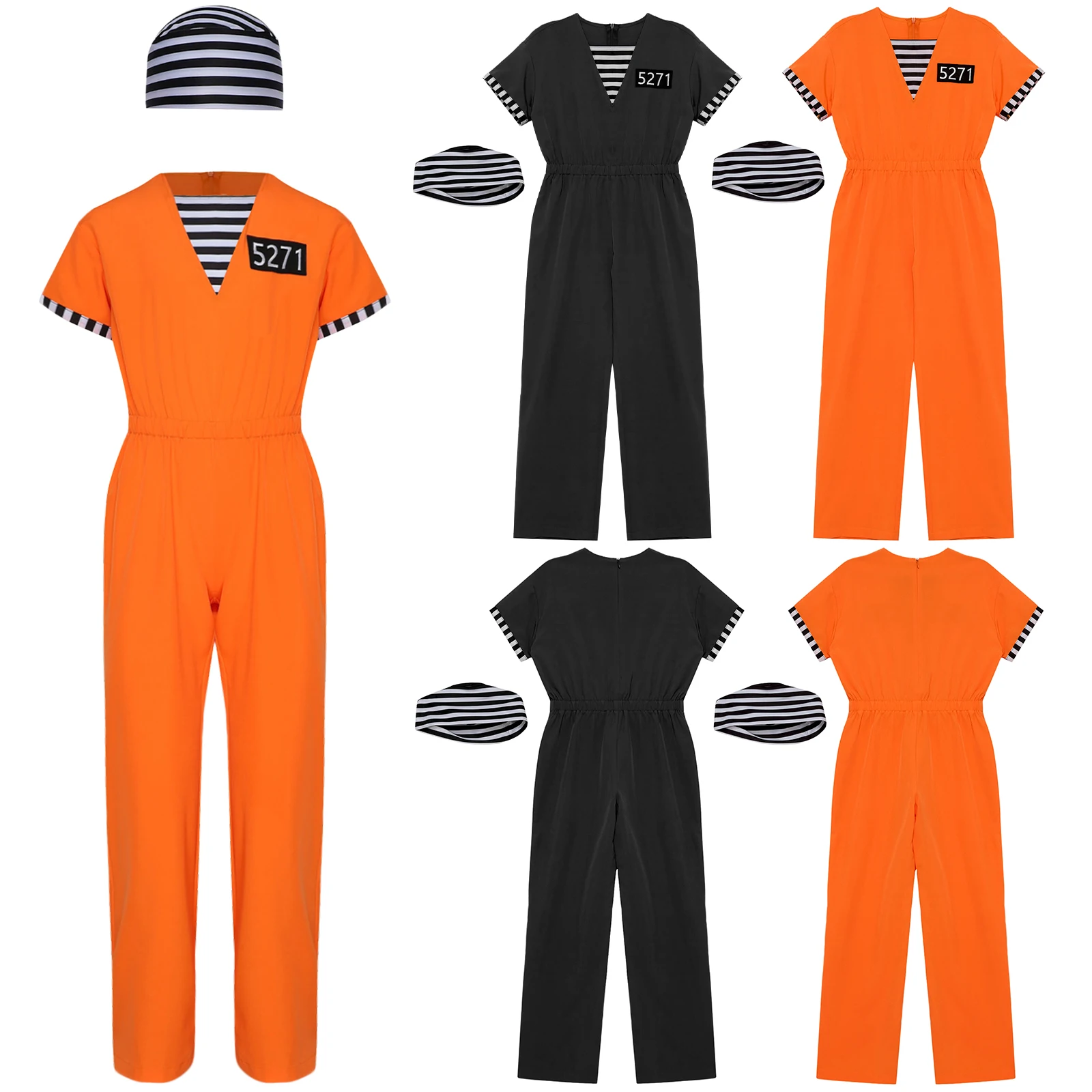 Kid Prisoner Cosplay Costume Boys Girls Stripes Jumpsuit with Hat Jailbird Inmate Prison Uniform Halloween Themed Party Dress Up