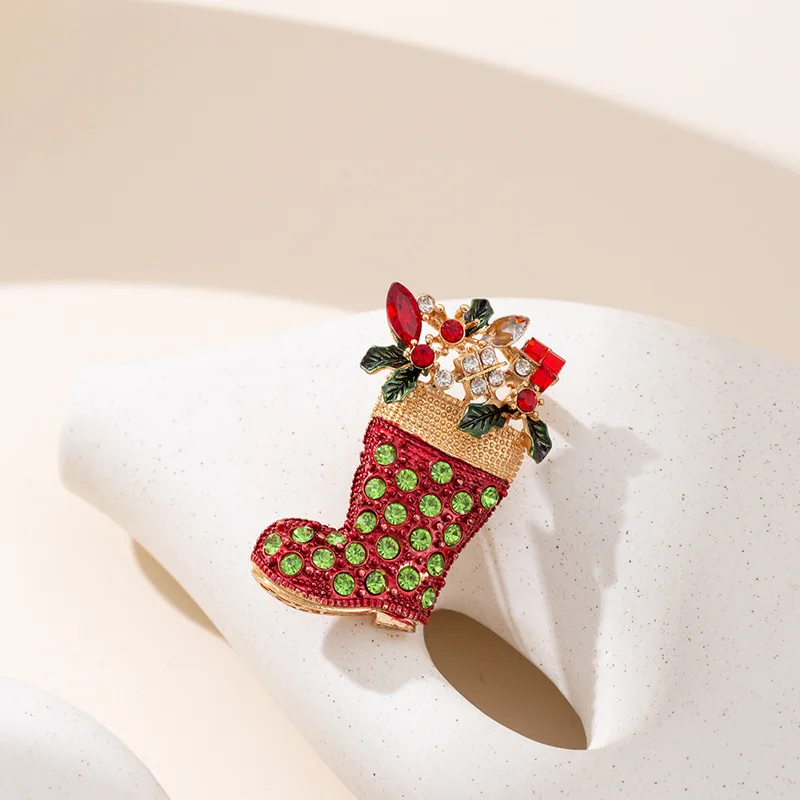 Christmas element brooch with full diamonds, socks, colored bells, sleds, fruit deer, red green contrasting
