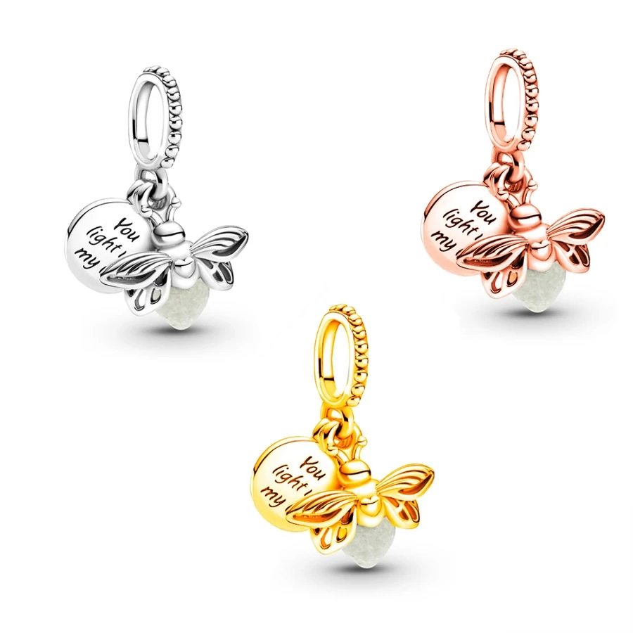 Rose gold & Gold Plated Glow-in-the-dark Firefly Dangle Charm Bead Fit Original 925 Sterling Silver Bracelet DIY Jewelry Gift