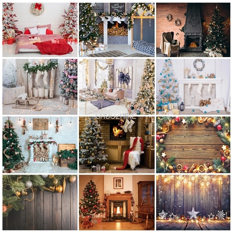 

SHUOZHIKE Christmas Photography Backgrounds Fireplace Christmas Tree Gift Baby Newborn Photo Backdrop Photocall 210318XLT-02