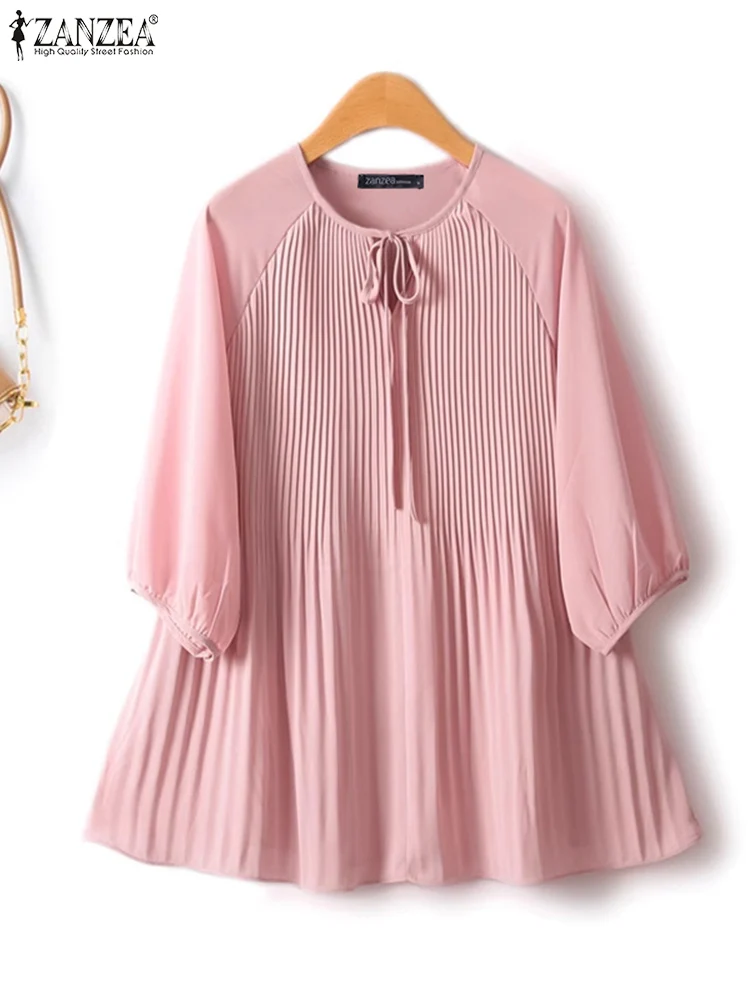 ZANZEA Women Summer Pleated Blouse Korean Bandage Round Neck Tops Shirt Fashion Solid 3/4 Sleeve Tunic Office Loose Female Tunic