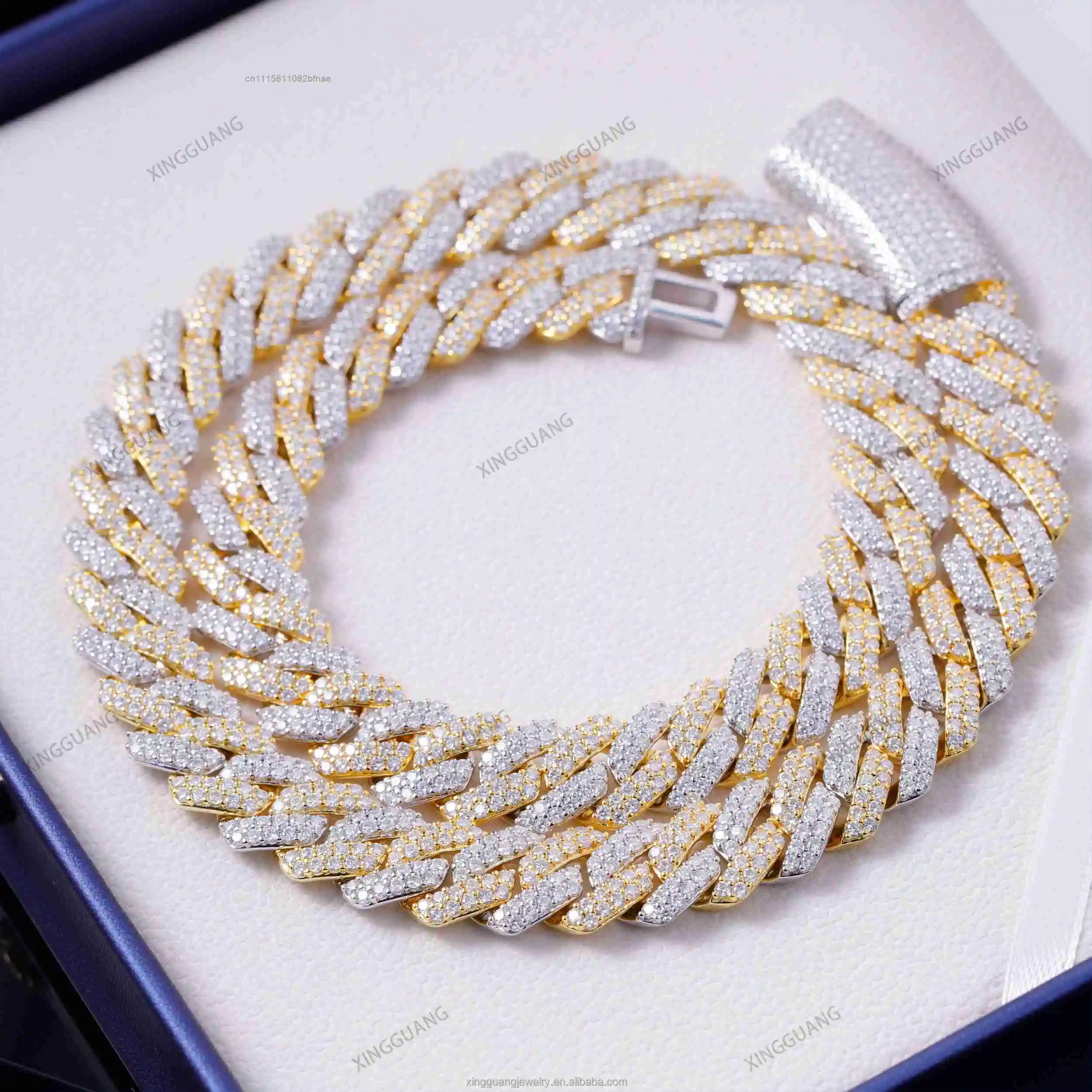 XG 14mm Moissanite Cuban Link Chains Pass Diamond test Iced Out 2 Tones Plated 925 Silver Necklaces Vvs Moissante Chains，
