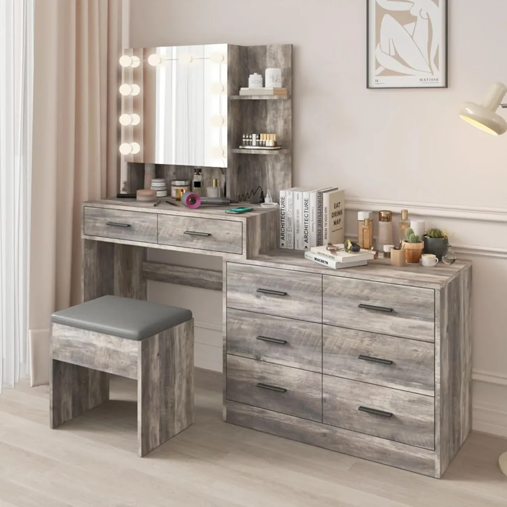 59'' Vanity Set with Lights & Mirror, Large Makeup Set with 8 Drawers & 2 Shelves, Lights in 3 Colors & Power Outlets