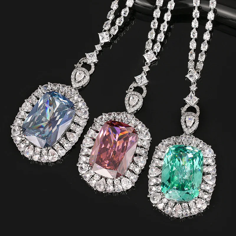 

Luxury Paraiba Tourmaline Pendant Necklace 20*28mm Cushion Cut CZ Halo Chain for Women Wedding Party Jewelry Gift Accessories
