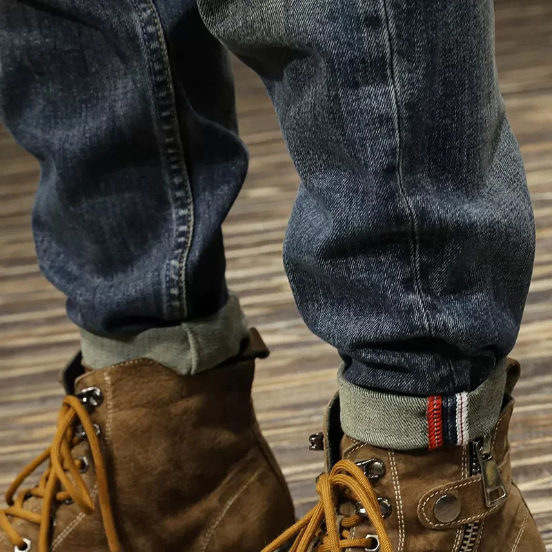 Italian Vintage Fashion Men Jeans High Quality Retro Blue Elastic Slim Fit Ripped Jeans Men Casual Designer Denim Pants Hombre