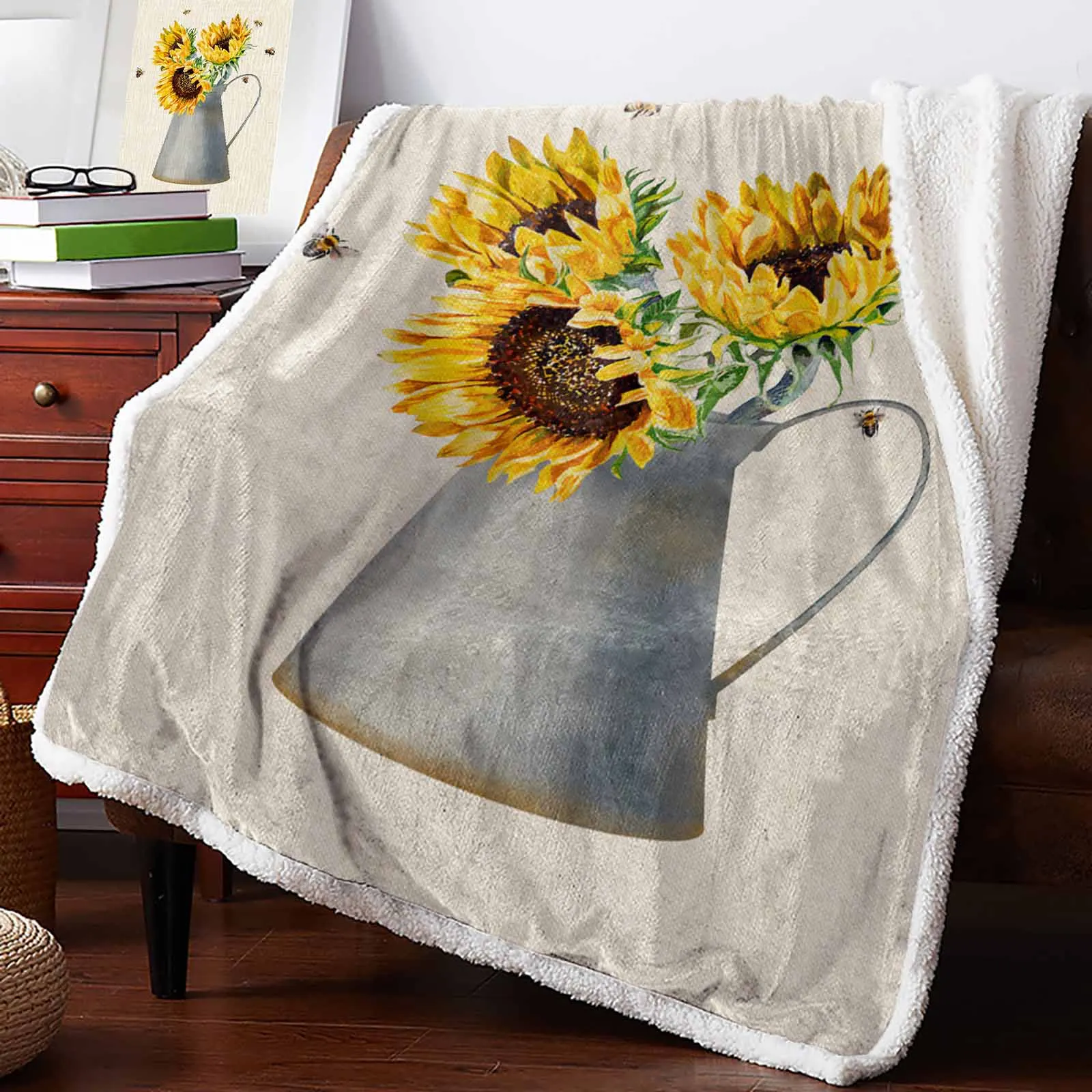 

Bee Sunflower Kettle Cashmere Blanket Winter Warm Soft Throw Blankets for Beds Sofa Wool Blanket Bedspread