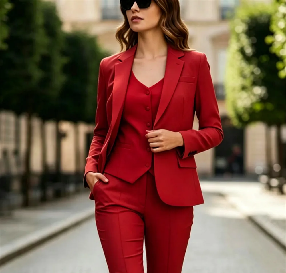 

Luxury Red Women's Suits 3 Pcs New Formal Official Pants Suit Set Slim Fit Women Outfit (Jacket+Vest+Pants) Tailor Made